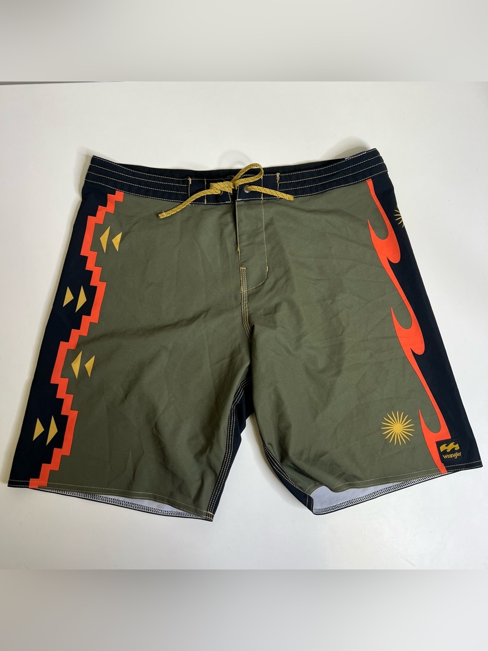 Billabong x Wrangler Olive Green Swim Board Shorts w/Red and Gold Accents - 32